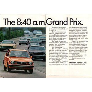 1973 Honda Civic Hatchback Rush Hour Grand Prix 2pg Vintage Print Ad Wall Art